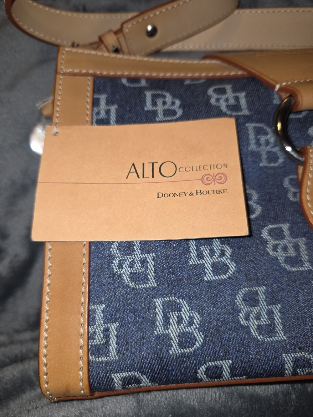 Dooney & Bourke Blue Logo Denim and Tan Leather Shoulder Bag - Picture 3 of 9